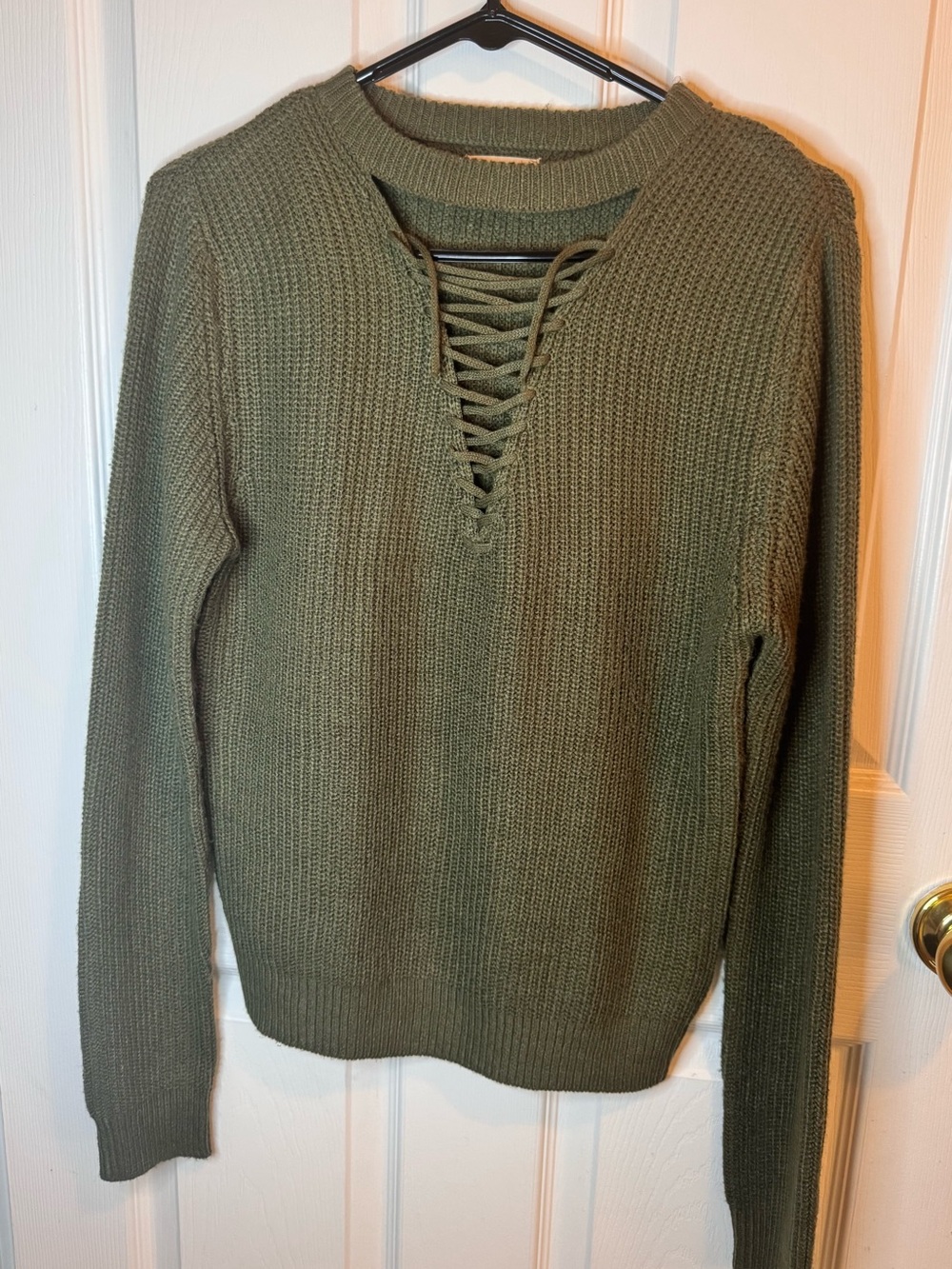 Poof! Olive Lace-Up Crewneck Sweater